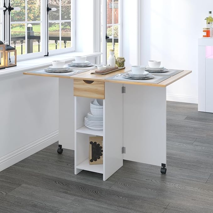 Mondeer Folding Dining Table, Drop Leaf Kitchen Table with 1 Drawer and 2 Open Storage Shelves Small Space Dining Room Kitchen Modern (White & Red Oak)
