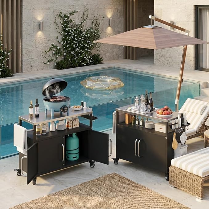 Casaphoria 54.5" Outdoor Kitchen Island, Stainless Steel Countertop BBQ Grill Cart Bar Cart with Storage Cabinet, Spice Rack, Towel Holder, 4 Lockable Wheels Bar Carts for Patio Lawn Garden BBQ