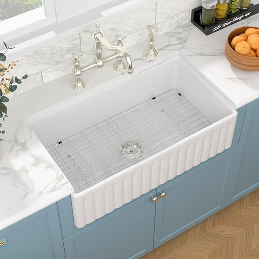 Sarlai 36 White Farmhouse Sink - 36 x 20 Inch Kitchen Sink Apron Front Single Bowl Reversible Ceramic Porcelain Vitreous Fireclay Single Bowl Farmer Sinks Basin