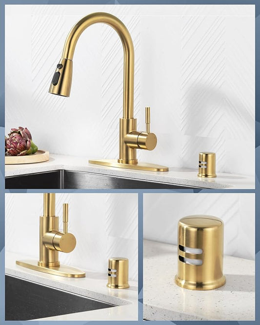 Kitchen Faucet with Air Gap: WOWOW Stainless Steel Kitchen Sink Faucet and Dishwasher Air Gap Kits for Kitchen Sink 2 or 4 Hole, Brushed Gold Kitchen Faucet Combo with Sprayer