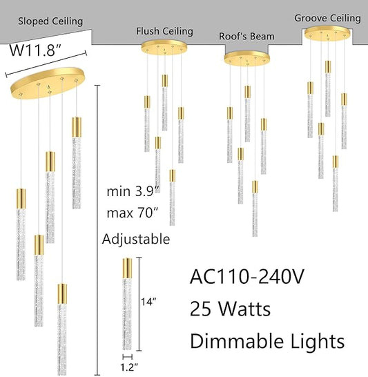 HAIXIANG 5-Lights Chandelier Modern Crystal Glam Light Remote Dimmable Pendant Lighting for Kitchen Island Dining Room Shiny Gold Light