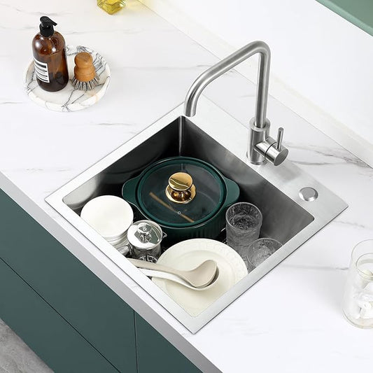 POPFLY 18 Inch Drop In Kitchen Sink, 304 Stainless Steel Top mount Handmade Single Bowl 2 Holes Kitchen Sink 9 Inches Deep Bar Prep Sink with Accessories, Brushed Nickel