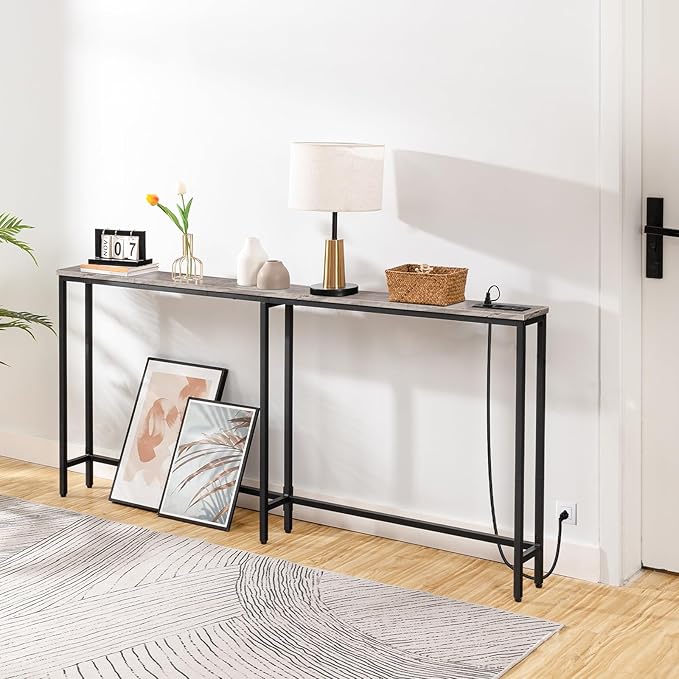 HOOBRO 70.9" Narrow Console Table with Charging Station, 5.9" Slim Sofa Table Behind Couch, 2 AC Outlets & USB-C Ports, Long Entryway Tables for Small Spaces, Livingroom, Greige BG185UXG01G1
