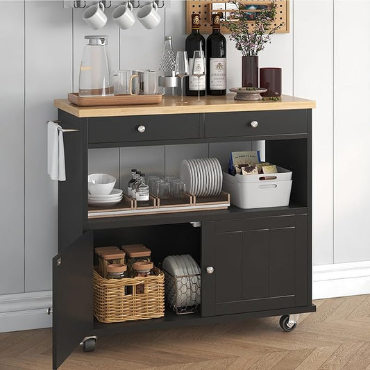 knoworld Rolling Kitchen Island with Storage Cabinet, 35.4'' Width Kitchen Cart, 2 Drawers Island Table, Portable Mobile Kitchen Island with Towel Rack, Wood Top and Lockable Wheels, Black
