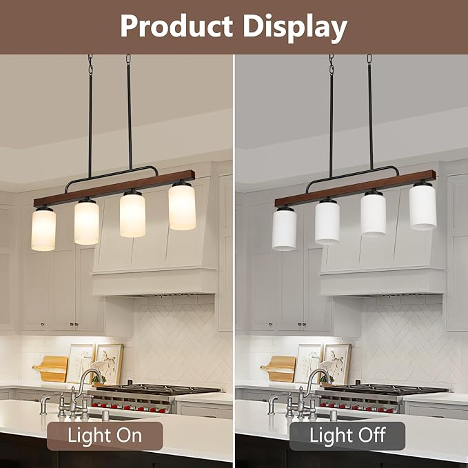 Farmhouse Dining Room Light Fixture Over Table, Black 4-Light Wood Kitchen Island Lighting with Milk White Glass, Industrial Linear Chandelier Pendant Lights