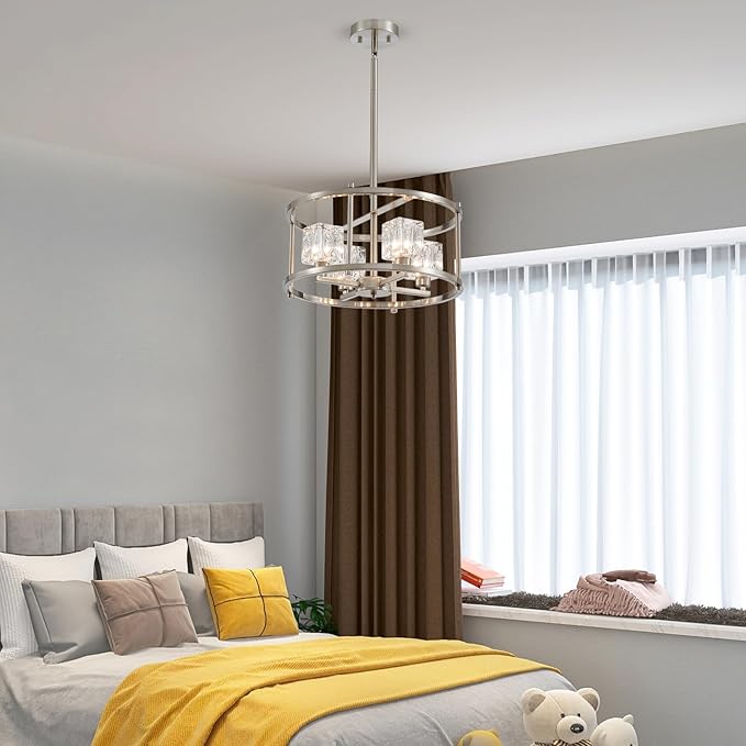 Brushed Nickel Ceiling Light Modern 4-Light Pendant Lighting Fixture 15.7" Adjustable Height Chandeliers with Glass Lampshade Rustic Round Lights for Bedroom Dining Room Kitchen Foyer