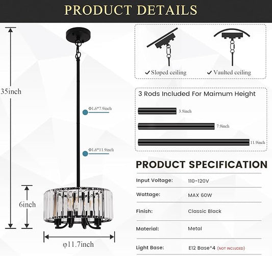 Black Crystal Chandelier, 4-Light Small Modern Semi Flush Mount Ceiling Chandelier Light Fixtures,Round Hanging Lighting Fixture for Bedroom Living Room Kitchen Hallway Entryway, E12 Base, 11.6 Inch