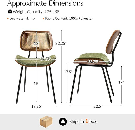 HULALA HOME Rattan Dining Chairs Set of 2, Green Farmhouse Upholstered Kitchen Chairs Set with Square Cane Backrest, Metal Legs for Dining Living Room Resurant Cafe - Moss