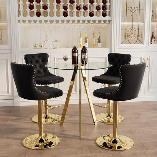 yeag 31.5'' Luxury Gold Bistro Table and Adjustable Chairs Set for 4, Small Round Glass Bar Table 4 Adjustable Velvet Swivel Bar Stools for Pub (Gold Metal Legs, Clear Top + Black Chair)