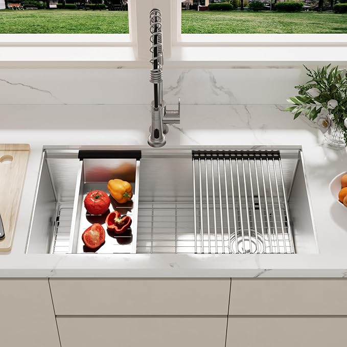 MAYESAR 30 Undermount Stainless Steel Kitchen Sink - Workstation Sink 16 Gauge Single Bowl Deep Handmade Sinks with Brushed Finish, Round Corner, 30"x19"x10"