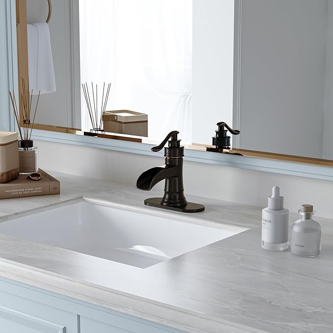BWE Bathroom Sink Faucet Oil Rubbed Bronze Waterfall with Pop Up Drain Stopper Assembly Water Supply Hose Rustic Lead-Free Lavatory Vanity Bath Black Farmhouse Faucet Single Handle Mixer Single Hole