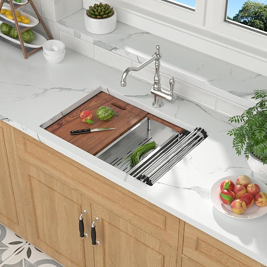 Mocoloo 27 Inch Undermount Kitchen Sink - 27x19 Stainless Steel Sink 16 Gauge Single Bowl Workstation Handmade Deep Basin