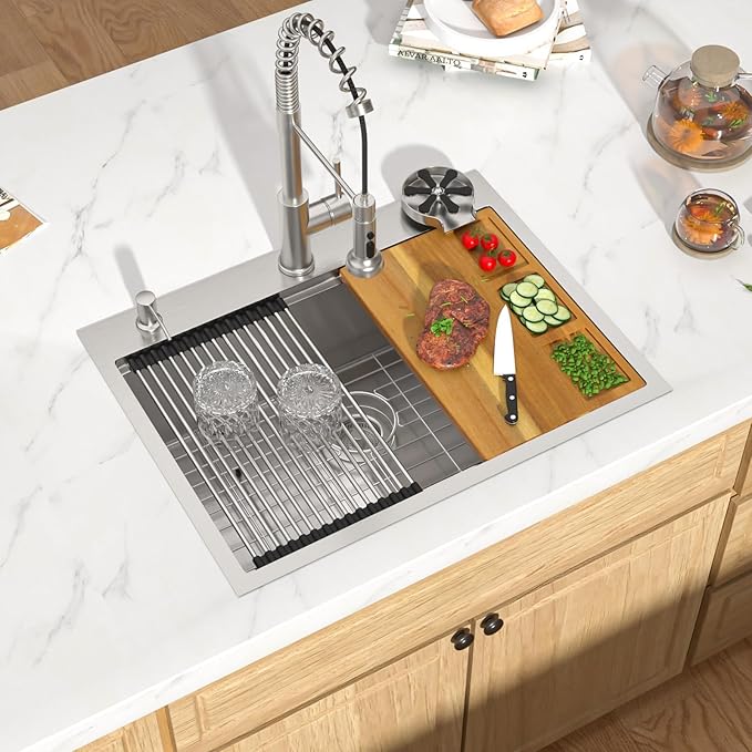 28 Inch Drop In Stainless Steel Kitchen Sink, 16 Gauge Single Bowl Workstation 3-Hole Sink with Cup Washer, Mixing Bowl, and Pasta Strainer #TLT-0047