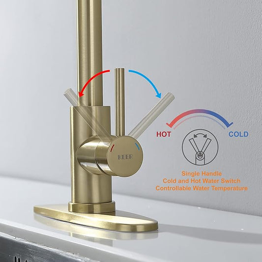 Keer Gold Single Handle Pull Down Kitchen Faucet with Soap Dispenser, 3 Modes Sprayer, Easy Assembly, Single Handle High Arc Stainless Steel Faucet