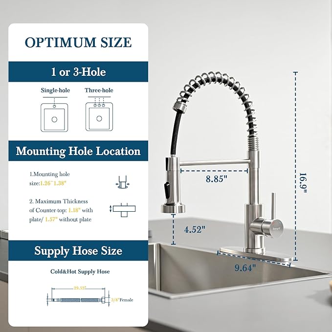 Ibergrif Kitchen Faucets with Pull Down Sprayer, Single Handle Pull Out Spring Sink Faucets High Arc Brushed Nickel Stainless Steel 1 or 3 Hole for RV Laundry Farmhouse Bar
