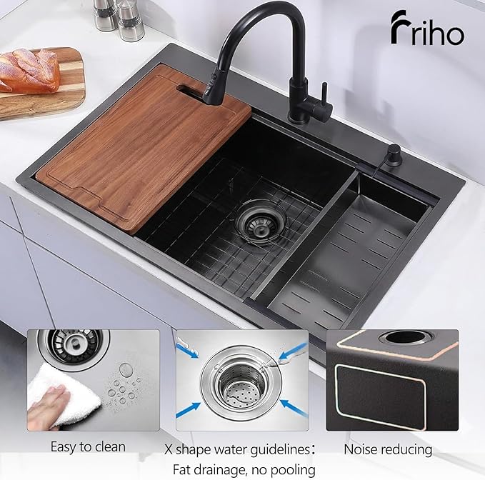 33 Inch Black Drop In Kitchen Sink, 33x22 Top Mount Workstation Handmade 16 Gauge Single Bowl Stainless Steel Sink with cutting board, dish grid, dish drainer and basket strainer