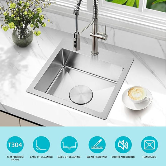 15x15 Inch Bar Sink Drop In - Small Kitchen Sink for RV, Wet Bar & Outdoor, Brushed 18 Gauge Stainless Steel Topmount Single Bowl Utility Sink