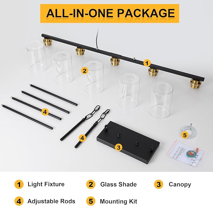 Mecgirn Island Light for Kitchen, Black and Gold Dining Room Light Fixture Over Table, 5-Light Linear Chandelier Pendant Lighting for Dining Table Kitchen Island Living Room