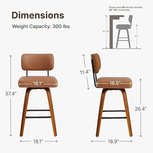 Swivel Bar Stools Set of 4, 26" Upholstered Counter Height Bar Stools with Back and Bent Walnut Wood Legs, Faux Leather Modern Barstools for Kitchen Island,Brown