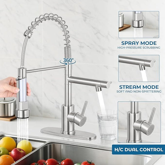 Kitchen Faucets with Pull Down Sprayer, Single Handle Double Headed, Stainless Steel Commercial Kitchen Sink Faucet with Deck Plate Cover, 1 or 3 Hole, Brushed Nickel