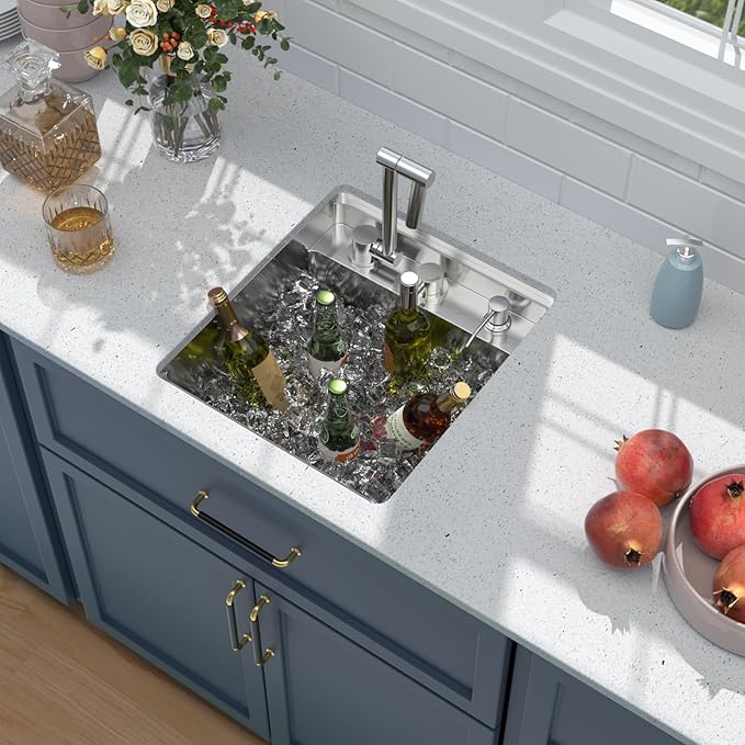 Outdoor Sink and Faucet - Beslend 17x19x9 Inch Undermount Bar Sink With Folding Faucet and Cover 16 Gauge Stainless Steel Single Bowl Sink Indoor Outdoor