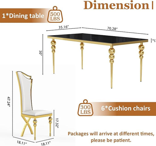 Glass Dining Table Set for 6, Luxurious 70 Inch Rectangular Kitchen Table with Black Tempered Glass Top, 6 White PU Leather Cushion Chairs for Dining Room, Restaurant, Living Room