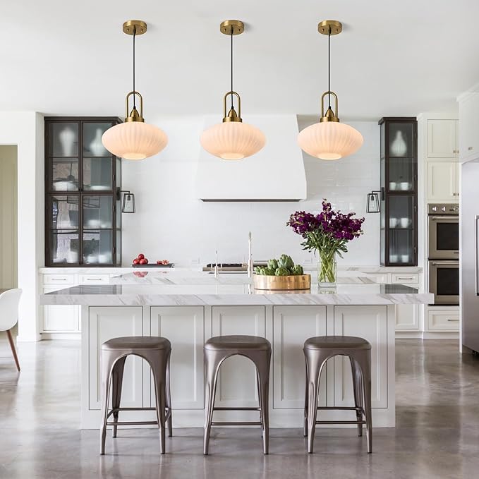 12 Inch Milk Glass Pendant Lights Vintage Chandelier Pendant Lighting Modern Mid Century Hanging Lights Adjustable Kitchen Island Light for Dining Room Bedroom Hallway
