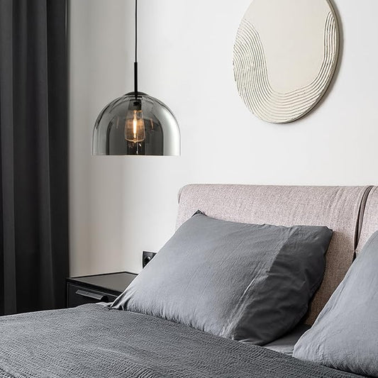 Modern Dome Pendant Lighting Fixtures, 11.8 Inch Large Dome Boho Chandelier, Rustic Farmhouse Industrial Hanging Lamp Ceiling Lights with Grey Glass Bell Lampshade for Kitchen Island