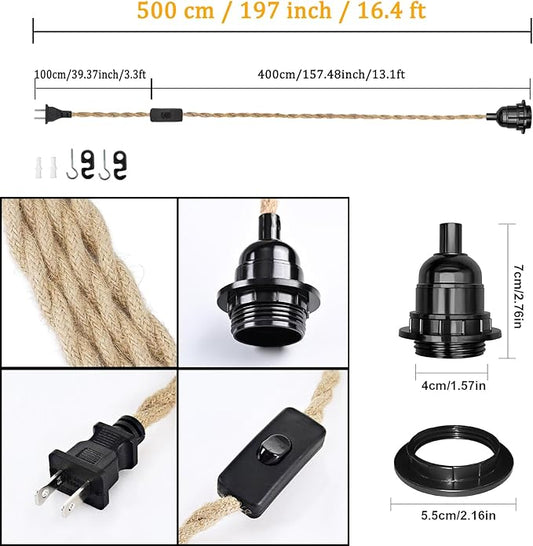 16.4ft Plug in Pendant Light Cord 2-Pack, Farmhouse Hemp Rope Hanging Lights Cord Kit with Switch, Industrial Vintage Plug in Hanging Light Fixture DIY E26 E27 Lamp Socket Cord, No Bulb
