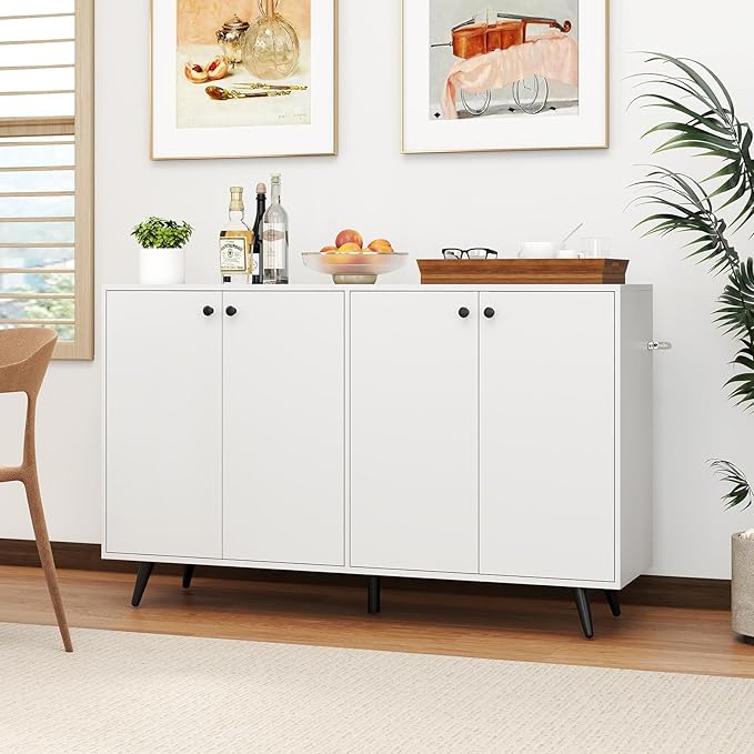 Giantex Sideboard Buffet Cabinet, 50’’ Accent Kitchen Storage Cabinet with 4-Door & 5-Position Adjustable Shelves, Modern White Sideboard with 5 Support Legs, Buffet Table for Coffee Bar, Living Room
