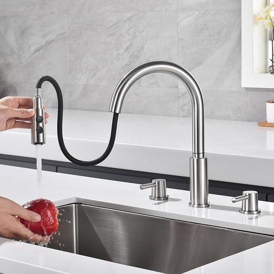 RULIA Brand, Double Handle Kitchen Faucet, 3 Holes Sink Faucet, Pull Down, Brushed Nickel, Stainless Steel, RB1063