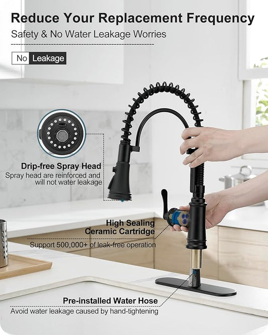 3-Function Kitchen Faucets with Pull Down Sprayer, 1 Hole or 3 Hole Kitchen Faucet Black, 1 Handle Kitchen Sink Faucets, 360 Degree Swivel Stainless Steel Faucet for Kitchen Sink with Deck Plate