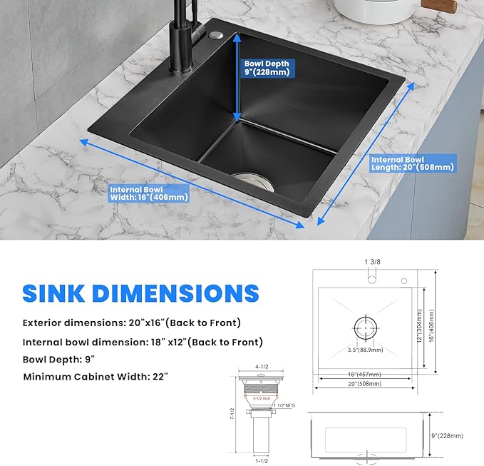 POPFLY 20 Inch Kitchen Sink, 18 Gauge 304 Stainless Steel Single Bowl Drop In Black Bar Deep Small Sink, Modern Top mount Kitchen Prep Sink with Drain Strainer