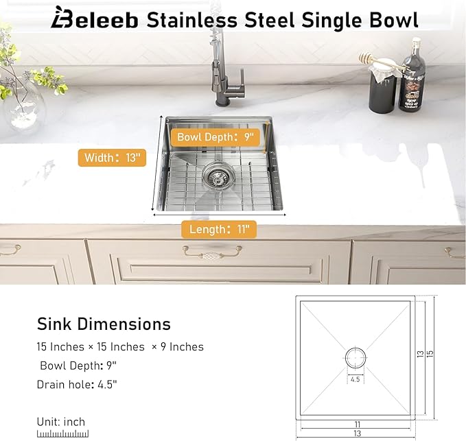 13 x 15 Undermount Bar Sink Workstation, 18 Gauge Stainless Steel Bar Small Sink - 9 Inches Deep Basin Single Bowl with Accessories