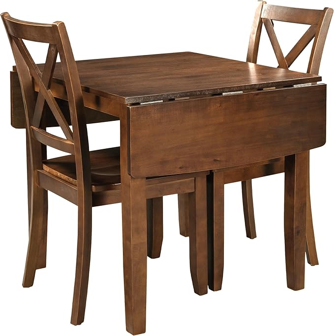 Merax Foldable Kitchen Dining Set for Small Space with Chairs of 2, Wood Dining Room Table Set with Extendable Table with Drop Leaf and High Back Chairs, Walnut