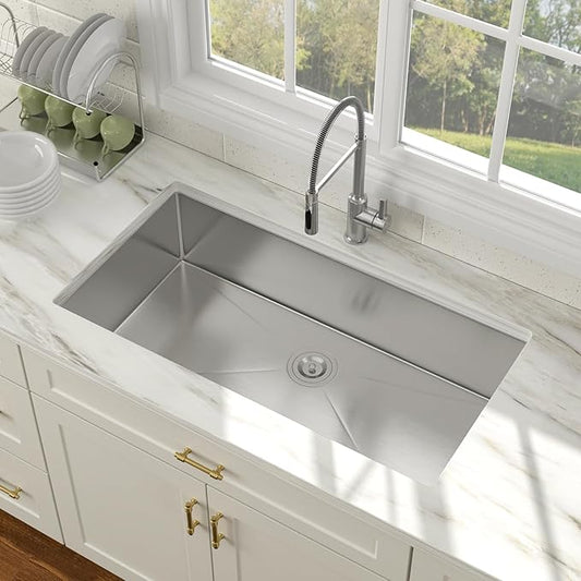 36 Inch Undermount Kitchen Sink 16 Gauge Stainless Steel Single Bowl Rectangular Handmade Sinks Large Deep Under Counter Basin, 36"x19"x9"