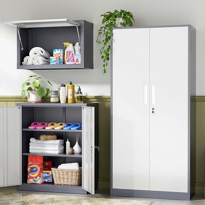 INTERGREAT Metal Storage Cabinet, 72" Locking Steel Cabinets with 2 Door and 4 Adjustable Shelves, Tall Metal Cabinet for Home Office, Garage, Warehouse,(New Grey)