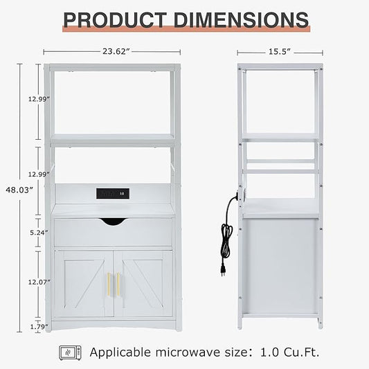 VECELO Freestanding Kitchen Pantry Cabinet, 2-Tier Storage Cupboard with Charging Station & Drawer, Extra Tall & Wide Microwave Shelf, Farmhouse Style, White