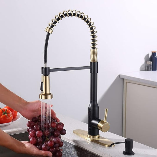Touchless Kitchen Faucet , KEER Smart Motion Sensor Hands Free Single Handle Spring Kitchen Sink Faucet with Pull Down Sprayer,Matte Black Gold