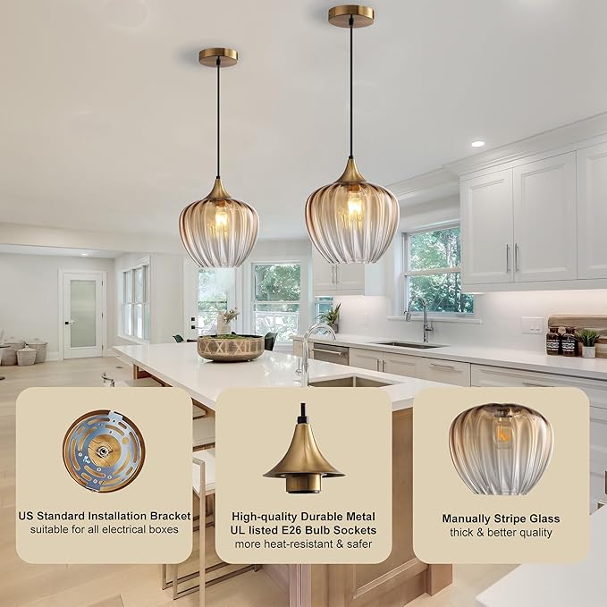 Amber Glass Pendant Lights Kitchen Island, 9" Vintage Hanging Lamp Ceiling Lighting Fixtures, Brushed Gold Modern Chandelier for Dining Room Restaurant Bedroom Foyer Entryway