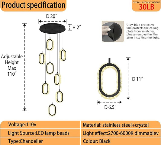 Black 8 Rings Crystal Chandelier for Foyer Stairwell High Ceiling Chandelier Dimmable Oval Crystal Ring Pendant Light