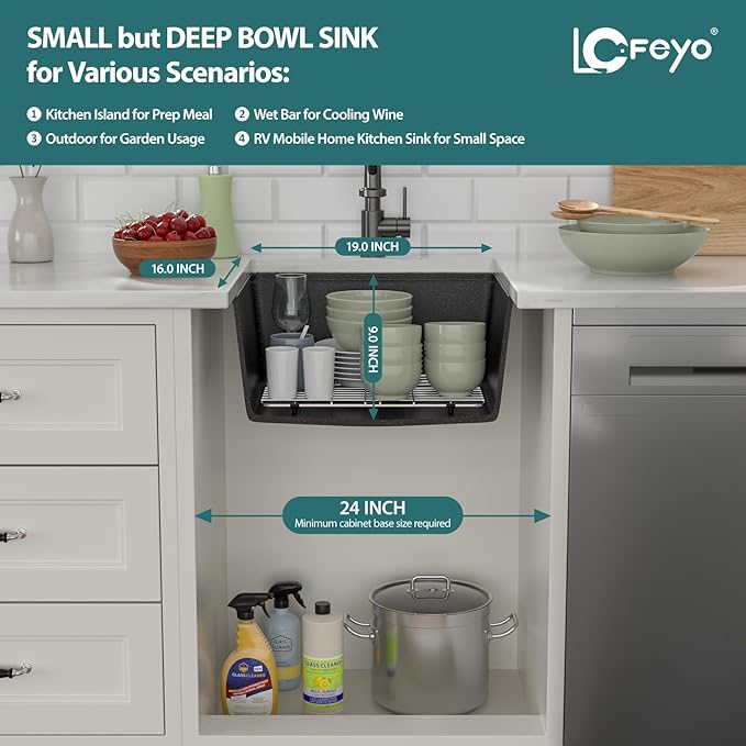 Black Undermount Kitchen Sink 21"x18" Workstation Granite Composite Bar Sink Small Granite Sink Undermount Quartz Modern Under Counter Ledge Single Bowl Kitchen Sinks Basin Deep Sink,LOF-Q4574