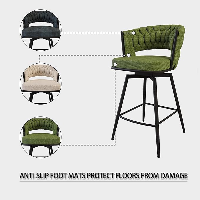 Modern Dining Chairs,Upholstered Linen Woven 360°Swivel Bar Island Chair & Black Footrest(Set of 2),Comfortable Curved Backrests Seat,Applicable to Kitchen,Living Room,Outdoor Lounge,Patio,Green