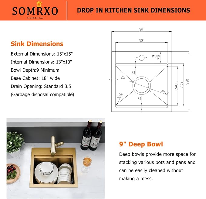 15x15 Inch Gold Drop In Bar Sink Workstation - 16 Gauge Stainless Steel Single Bowl, Small Kitchen Sink for RV, Wet Bar, Outdoor Kitchen & Prep Workstation