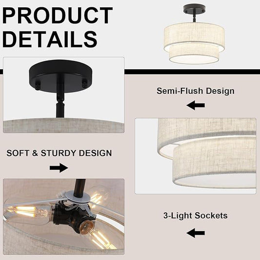 3-Light Semi Flush Mount Ceiling Light, 12.6 Inch Drum Black Chandelier Fabric Metal Kitchen Light Fixture, Dimmable Dining Room Light Fixture E26 Base Chandeliers for Living Room Bedroom