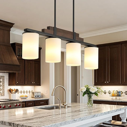 Farmhouse Wood Kitchen Island Lighting, 4-Light Adjustable Chandelier for Dining Room, Milk Glass Shade Dining Room Light Fixture Over Table, Black Hanging Pendant Lights for Kitchen, Pool Table