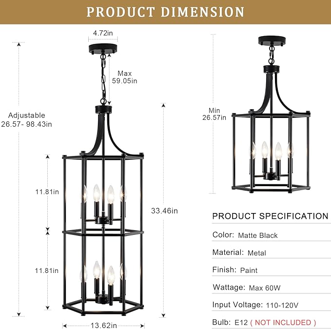 Foyer Chandeliers for High Ceilings 8-Light Black Chandelier for Entryway Lantern Tiered Pendant Light Fixtures Hanging Modern Farmhouse Chandeliers for Staircase Hallway Kitchen Living Room
