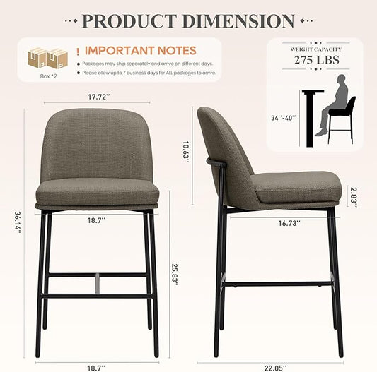 COLAMY Counter Height Bar Stools Set of 4, 25 Inch Modern Fabric Kitchen Island Stools with Back, Upholstered Counter Barstools Armless Bar Chairs with Metal Legs for Island Dining Room Bar,Brown