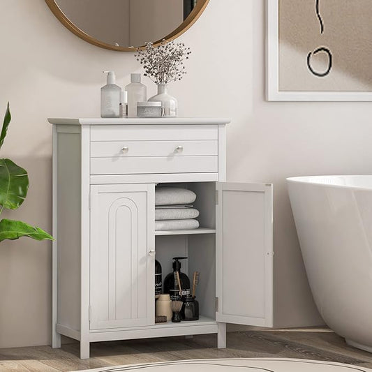 Tangkula White Bathroom Cabinet, Freestanding Wooden Storage Cabinet w/Large Drawer & Cabinet, 2 Doors, 3 Heights Adjustable Shelf, Bathroom Storage for Living Room Kitchen (White)