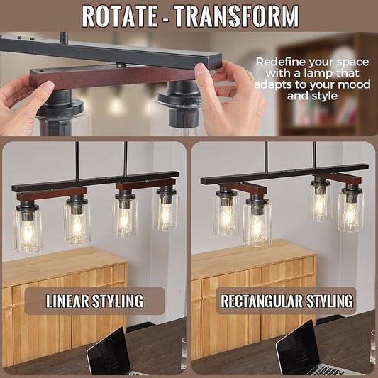 4-Light Kitchen Island Lighting & Farmhouse Dining Room Light Fixtures Over Table, Rustic Wood Linear Chandelier Adjustable Ceiling Hanging Pendant- Rotating Design, Customizable Shapes, Clear Glass